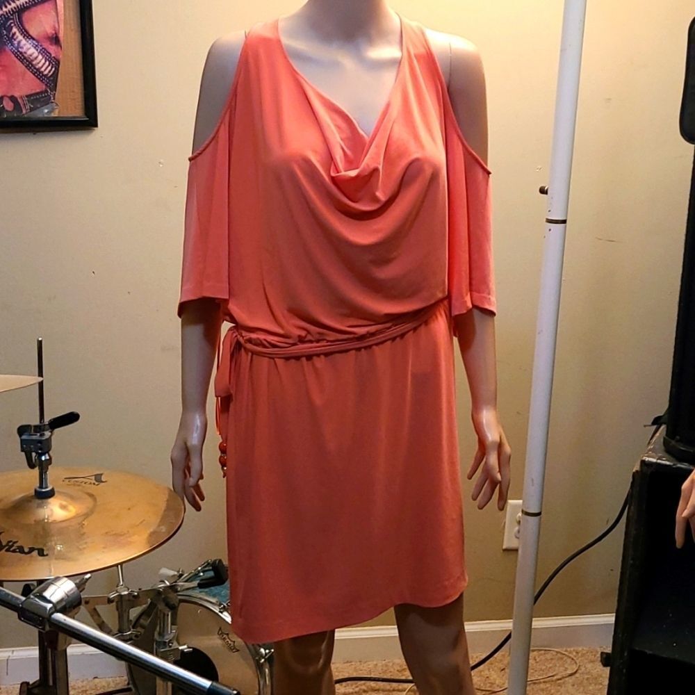 Cach'e orange cut out shoulders cowlneck dress